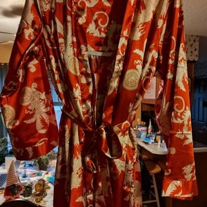 Satin Kimono Robe with Gold Dragon And Medallion Print
